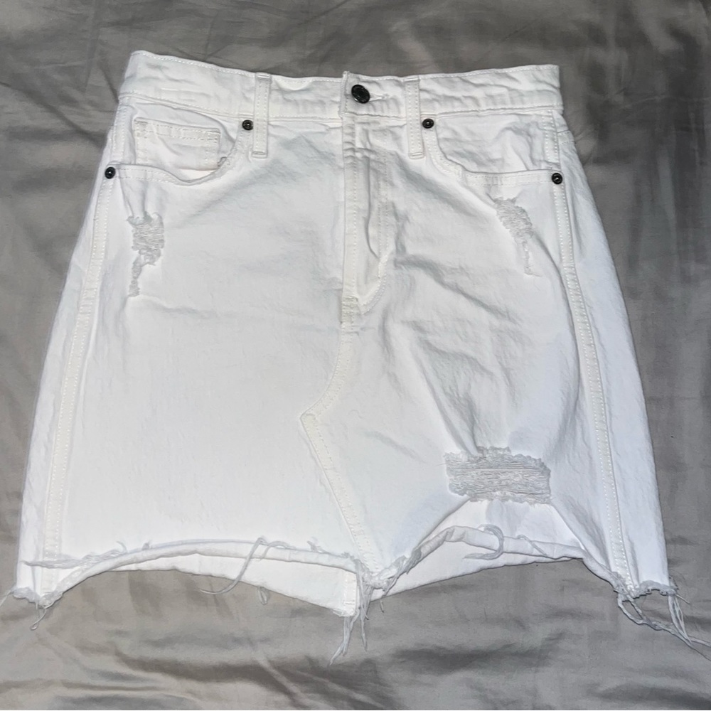 White Distressed Jean Skirt with Rips and Pockets